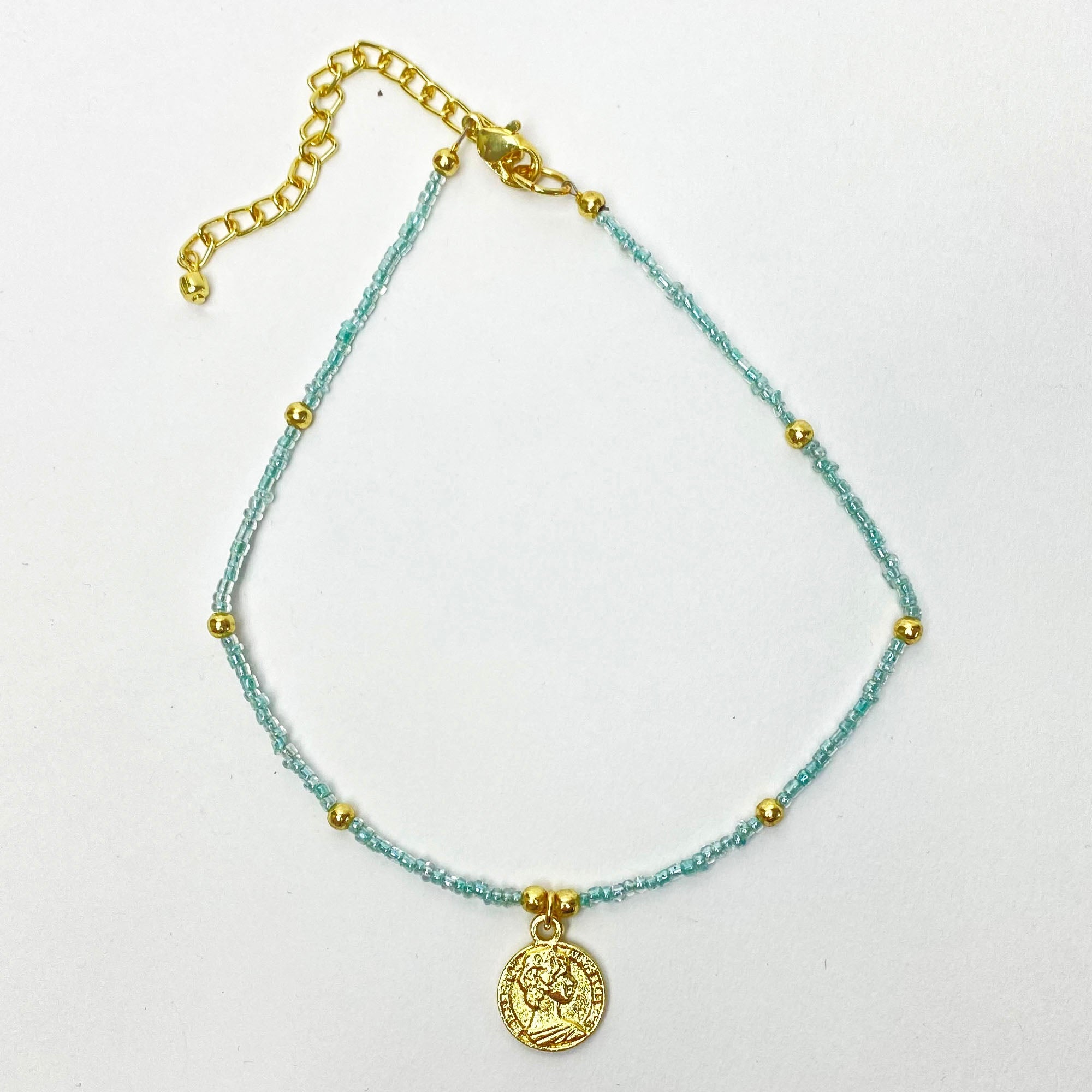 Baby blue Glass Bead Choker with Brass Coin Pendant