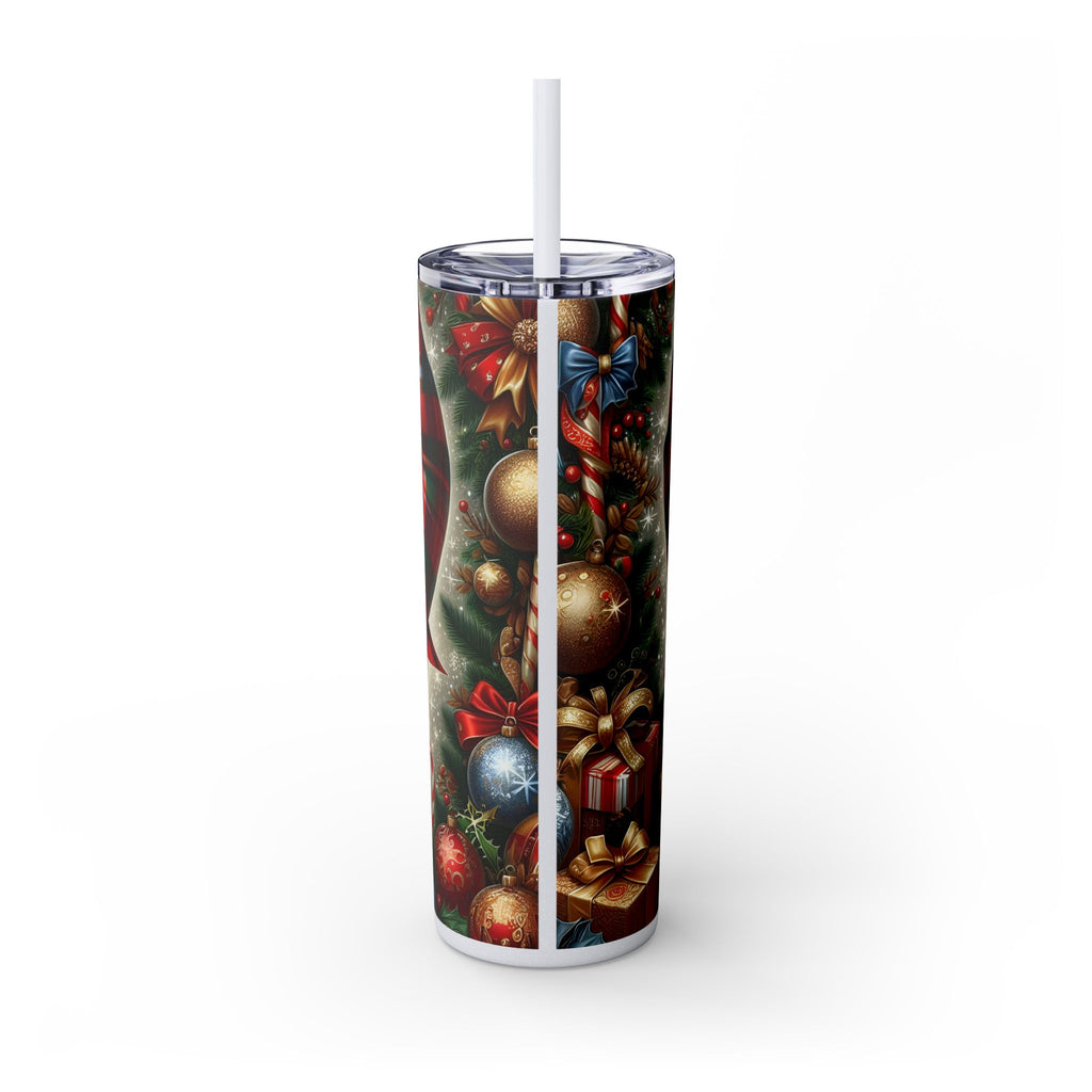 Festive Skinny Tumbler with Straw, 20oz - Perfect Holiday Gift, Christmas Water Bottle, Party Cup, Unique Drinkware, Santa Style