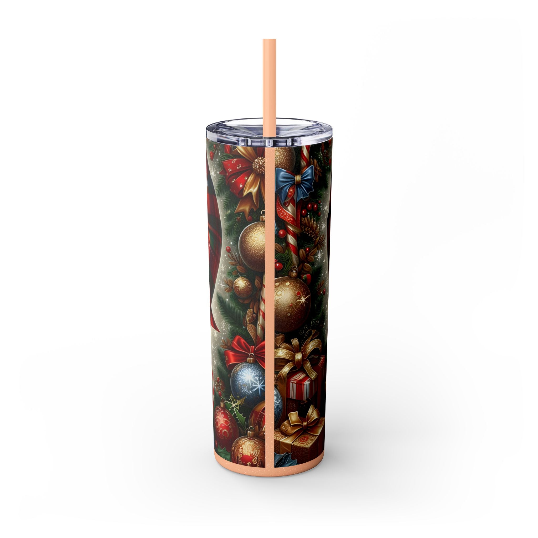 Festive Skinny Tumbler with Straw, 20oz - Perfect Holiday Gift, Christmas Water Bottle, Party Cup, Unique Drinkware, Santa Style