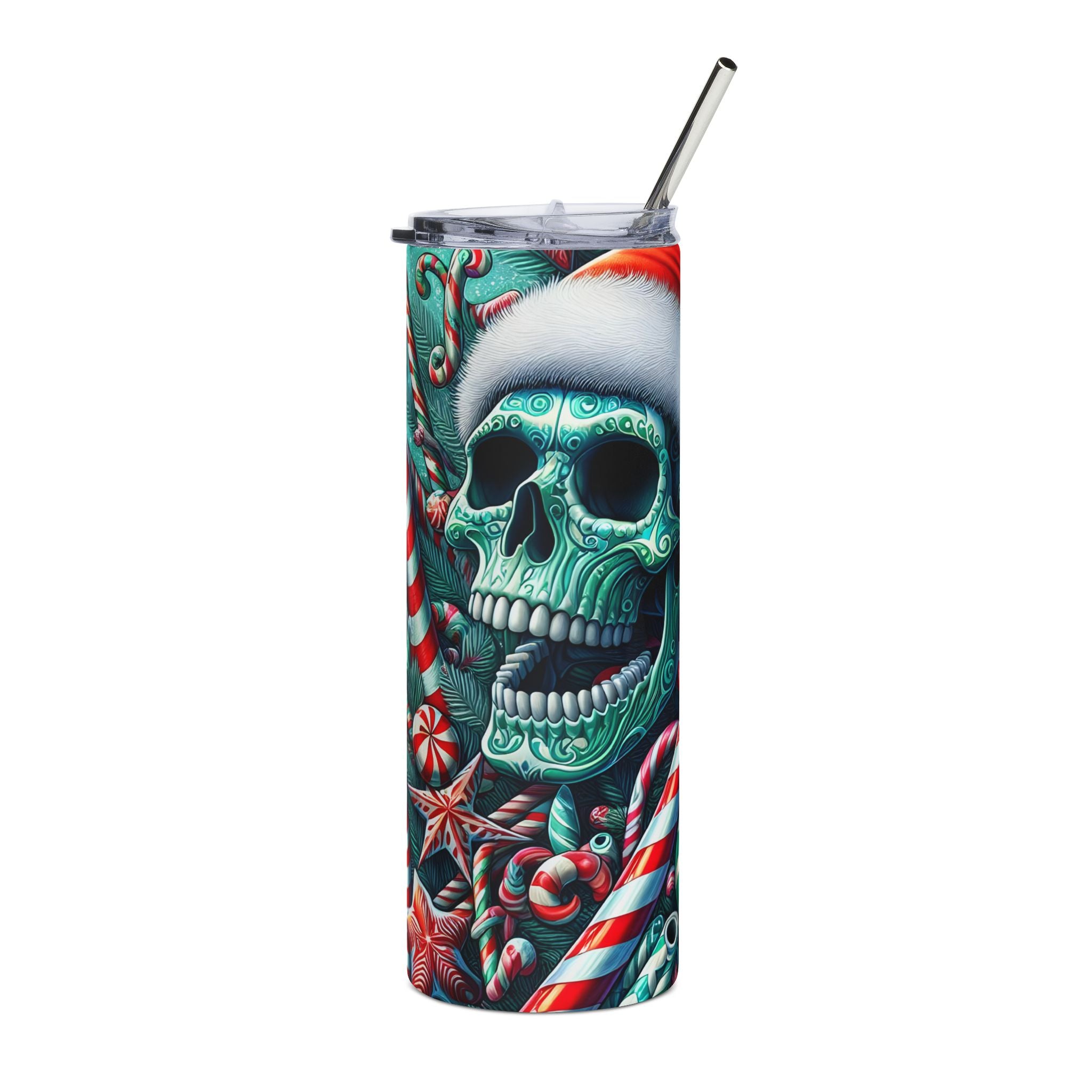 Festive Skull Tumbler, Christmas Drinkware, Holiday Gifts for Her, Unique Party Cup, 20oz Skinny Tumbler