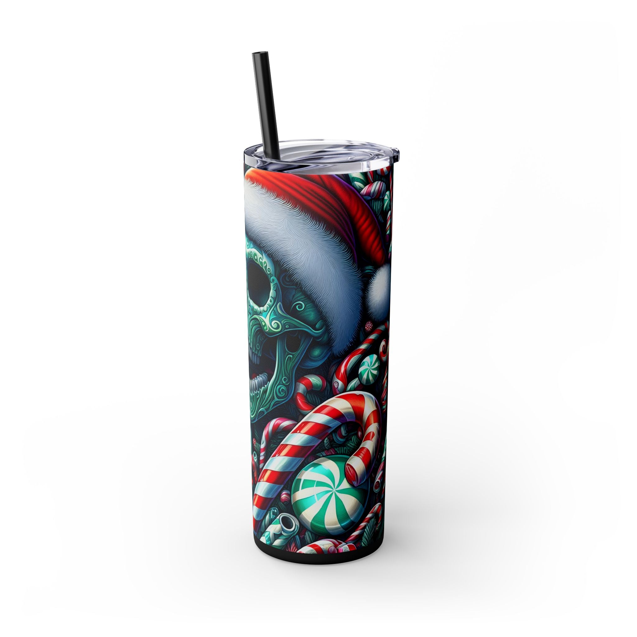 Festive Skull Tumbler, Christmas Drinkware, Holiday Gifts for Her, Unique Party Cup, 20oz Skinny Tumbler