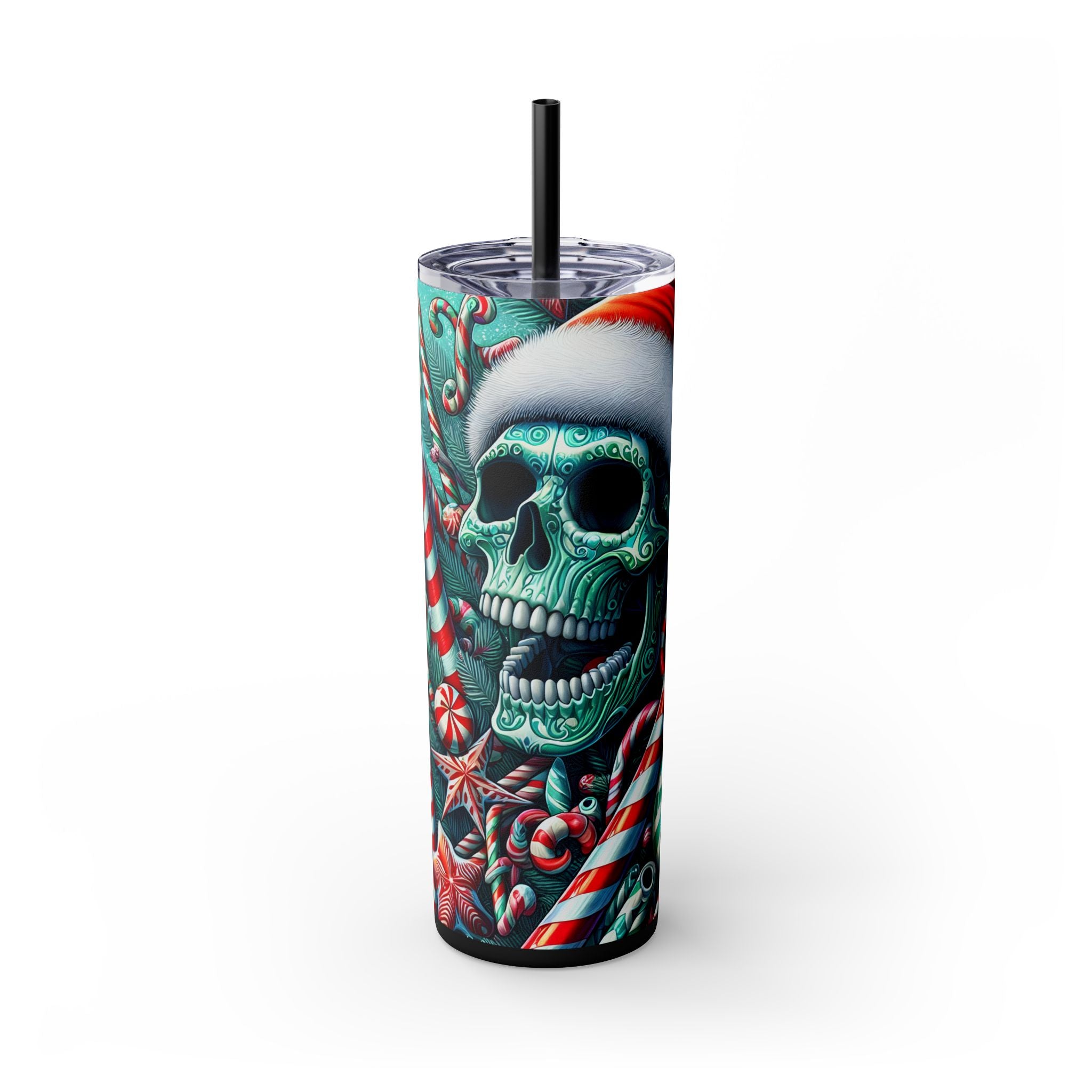 Festive Skull Tumbler, Christmas Drinkware, Holiday Gifts for Her, Unique Party Cup, 20oz Skinny Tumbler