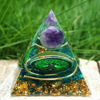 Handmade Tree of Life Orgone Pyramid Amethyst Crystal Sphere with Blue Quartz EMF Protection Chakra Orgonite