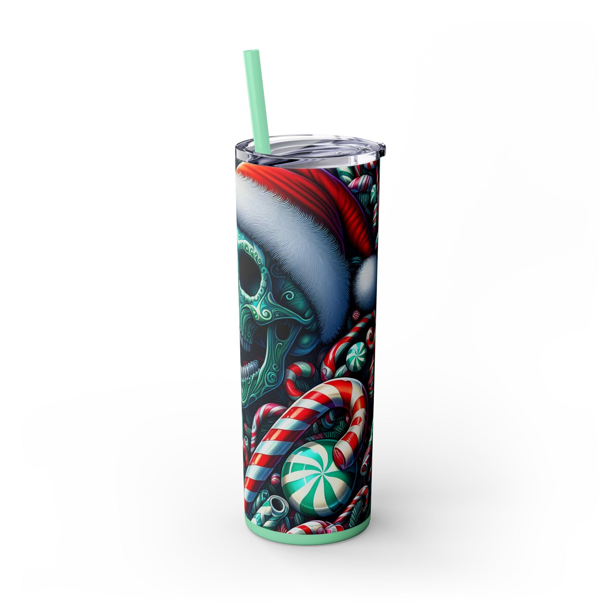 Festive Skull Tumbler, Christmas Drinkware, Holiday Gifts for Her, Unique Party Cup, 20oz Skinny Tumbler