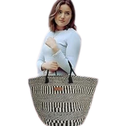 Balance Stripes Handmade Sisal Beach Market Sustainable Straw Basket Tote Bag