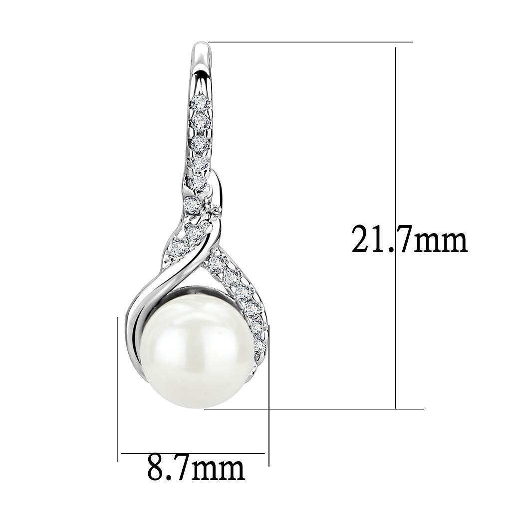 3W1478 - Rhodium Brass Earrings with Synthetic Pearl in White