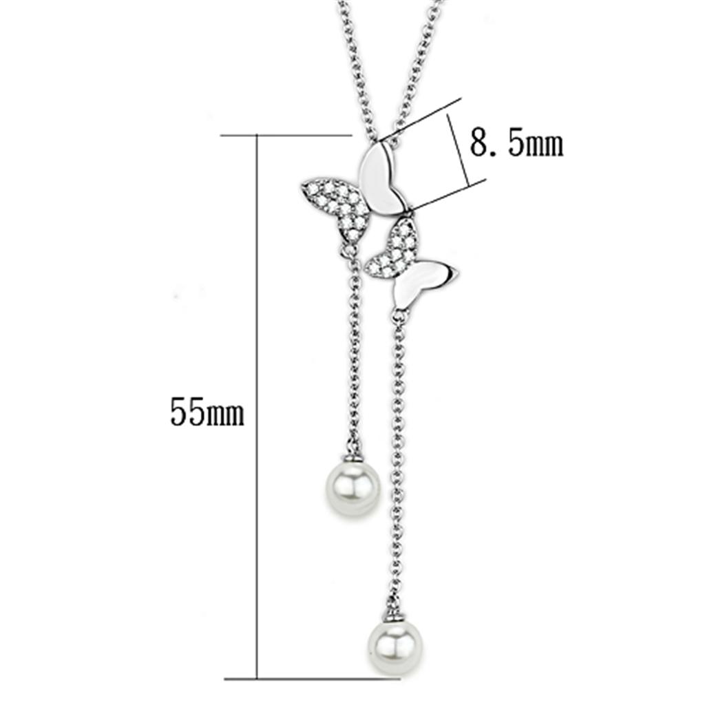 Butterfly Tassel Necklace with Pearl - Rhodium Brass with Synthetic White Pearl