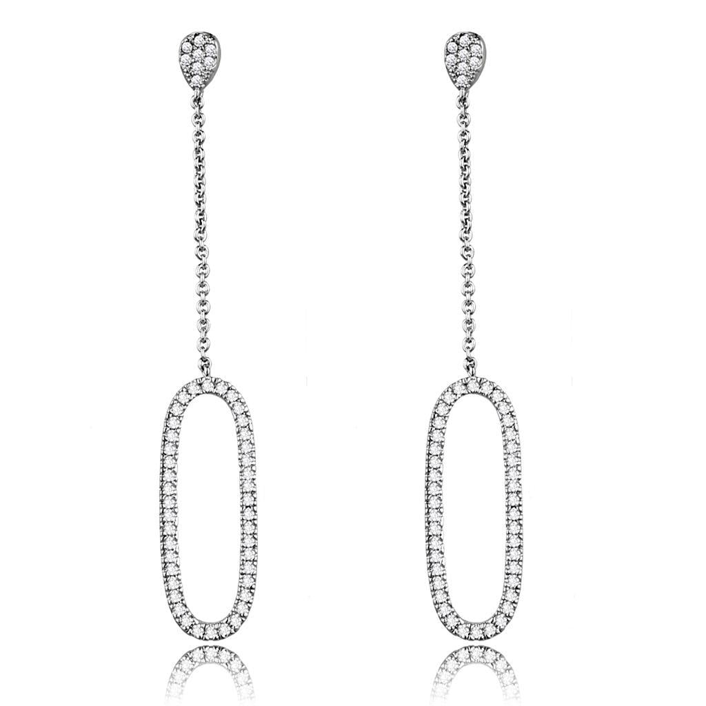 3W1058 - Rhodium Brass Earrings with AAA Grade CZ  in Clear