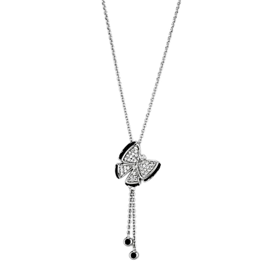 Bow-Shaped Pendant Necklace - Rhodium & Ruthenium Brass with AAA Grade Black Diamond CZ