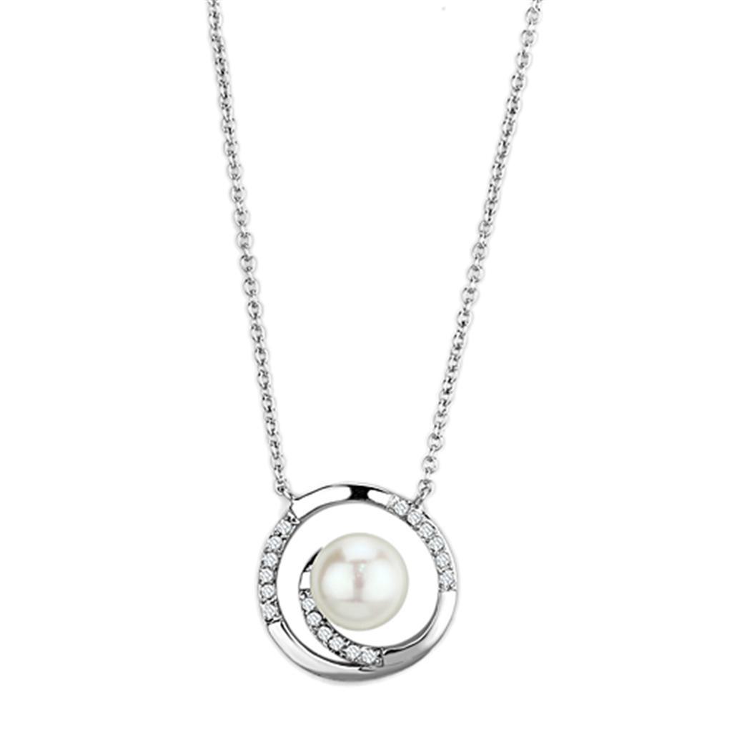 Circle Pendant Necklace with Pearl - Rhodium Brass with Synthetic White Pearl