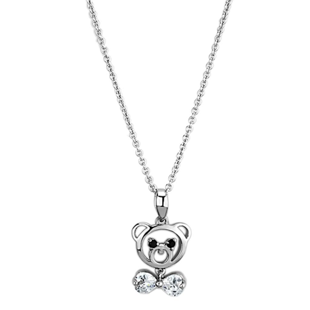 Bear Pendant Necklace - Rhodium Brass with AAA Grade Clear CZ