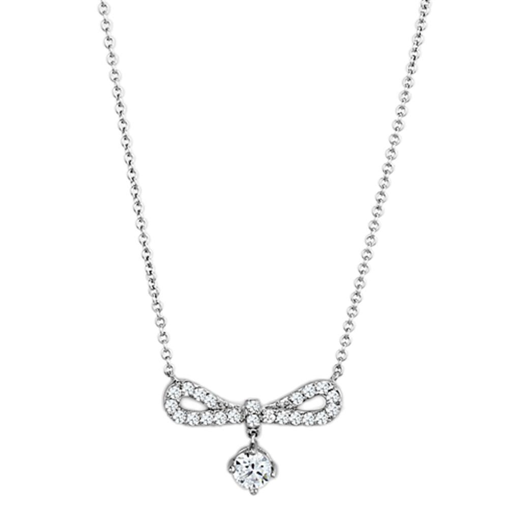 Bow Tie Necklace with Dangling CZ - Rhodium Brass with AAA Grade Clear CZ