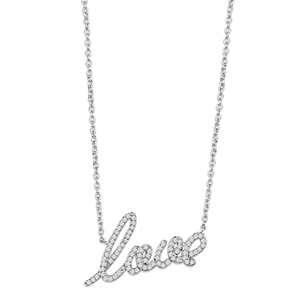 "Love" Word Necklace - Rhodium Brass with AAA Grade Clear CZ