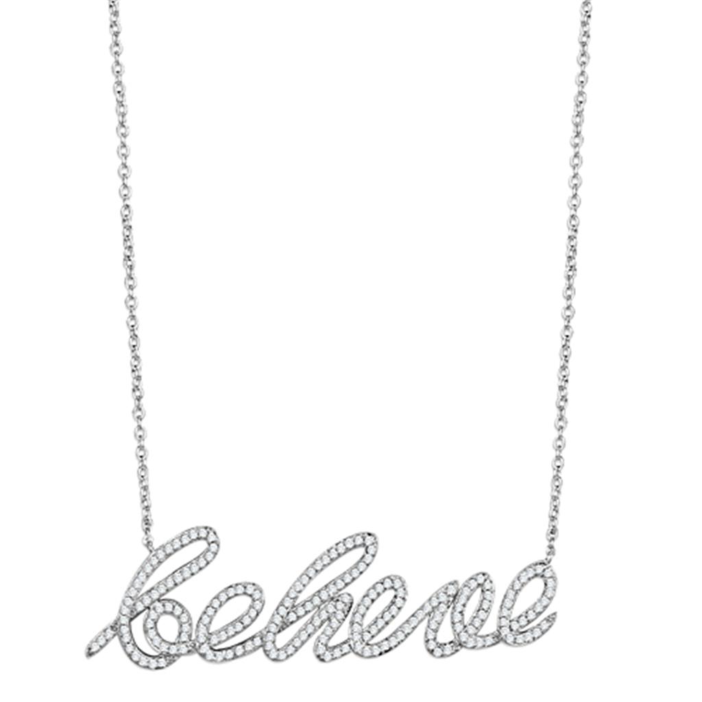 "Believe" Word Necklace - Rhodium Brass with AAA Grade Clear CZ