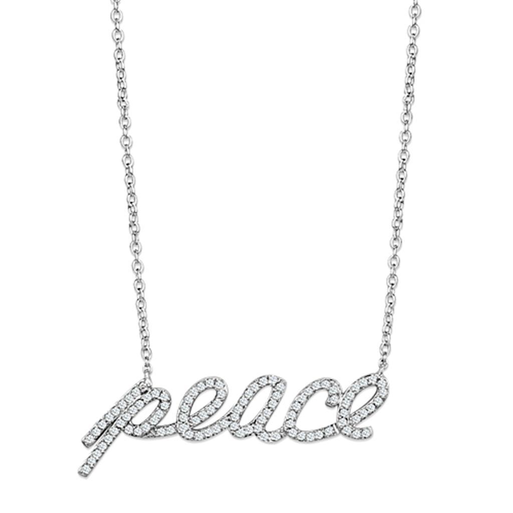 "Peace" Word Necklace - Rhodium Brass with AAA Grade Clear CZ