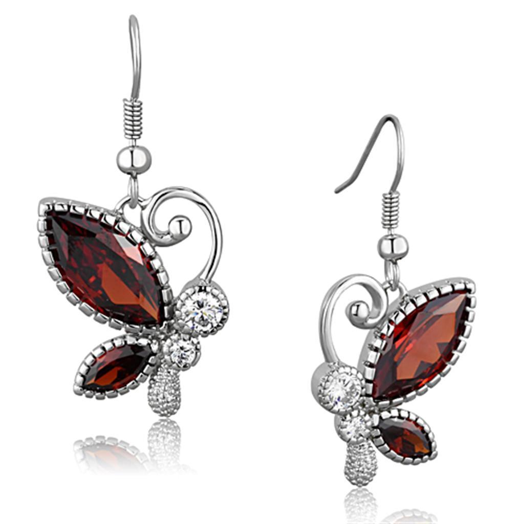 3W613 - Rhodium Brass Earrings with AAA Grade CZ  in Garnet