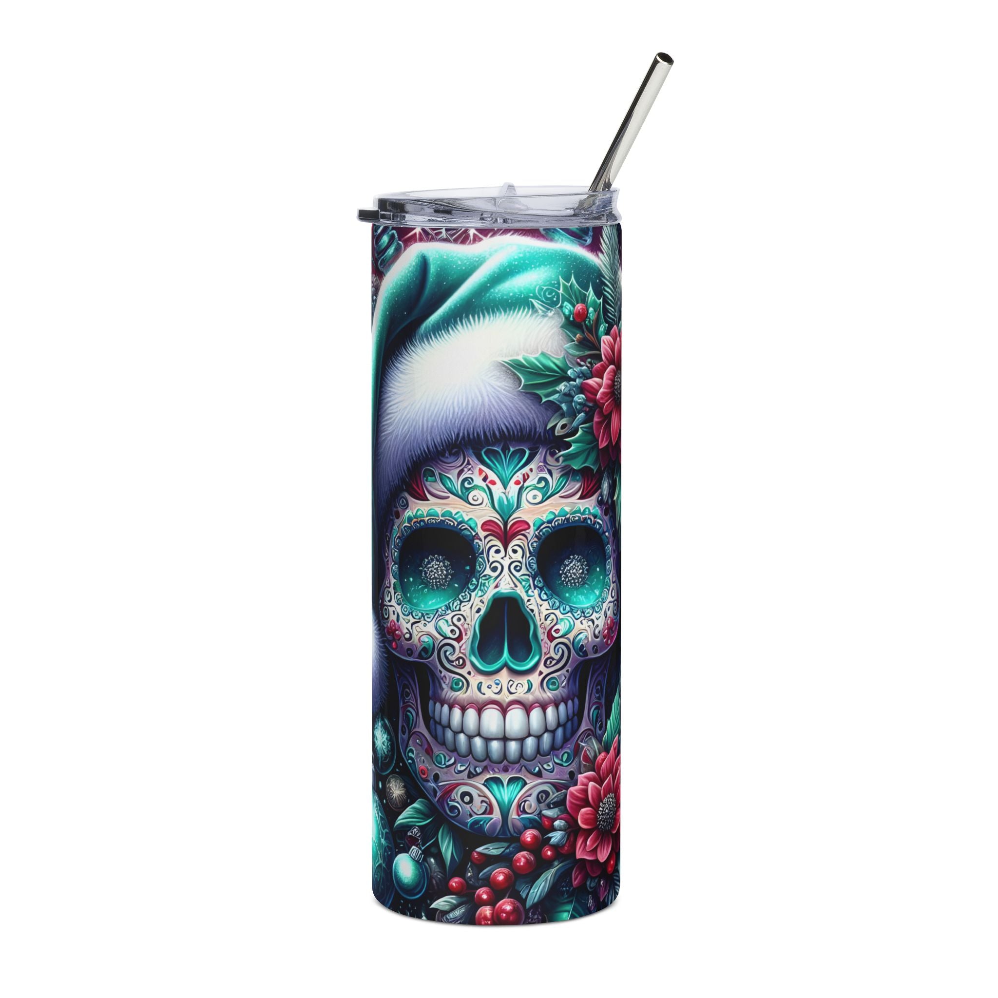 Vibrant Skull and Ornament Stainless Steel Tumbler, Halloween 20oz Cup, Day of the Dead Mug, Gift for Gothic Friends, Halloween Party