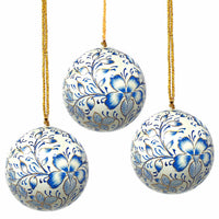Handpainted Ornaments, Blue Floral - Pack of 3