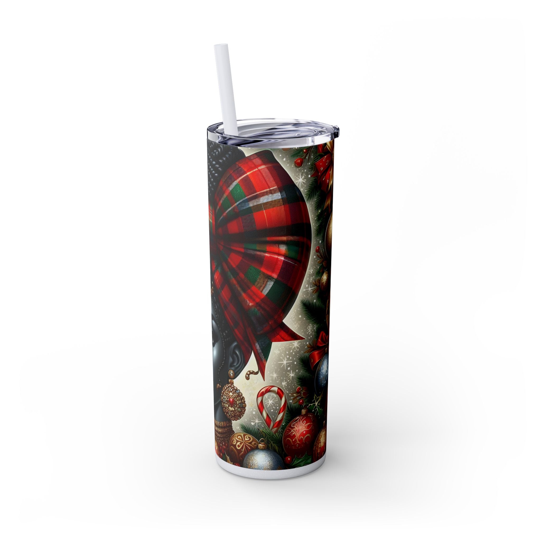 Festive Skinny Tumbler with Straw, 20oz - Perfect Holiday Gift, Christmas Water Bottle, Party Cup, Unique Drinkware, Santa Style