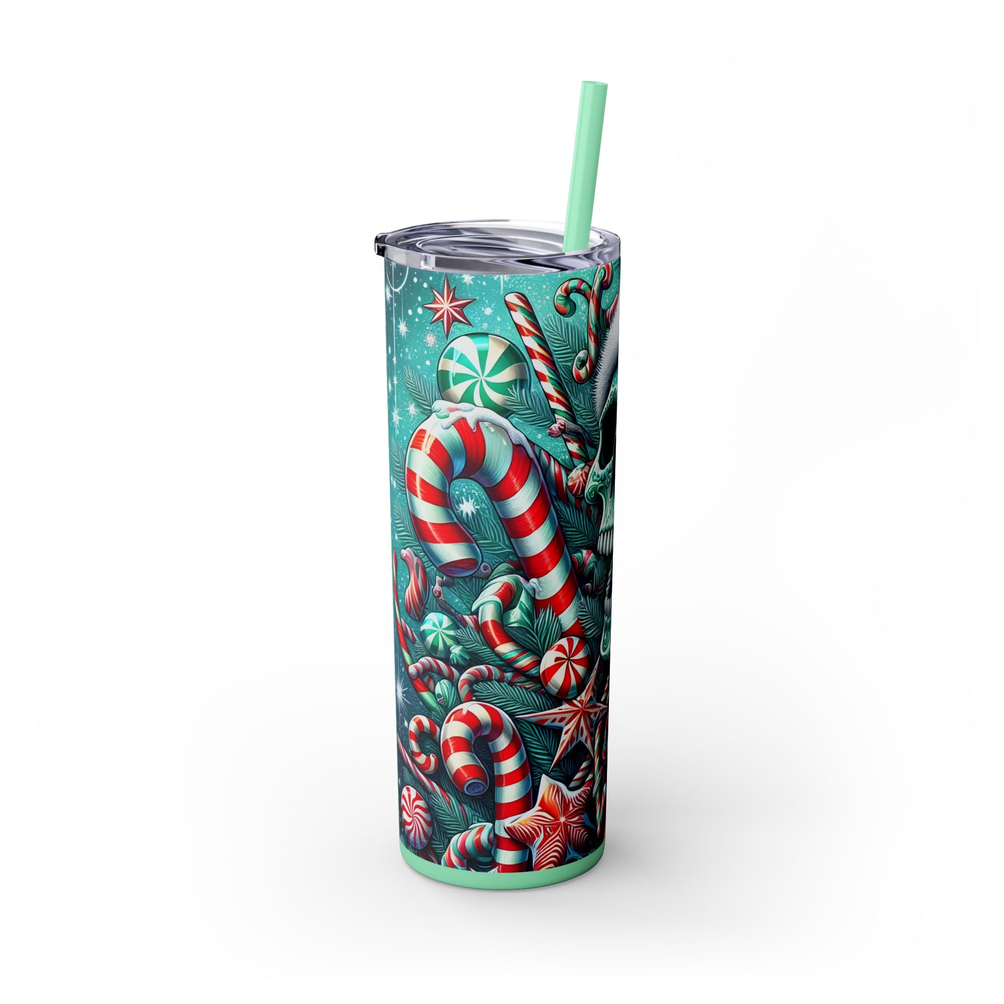 Festive Skull Tumbler, Christmas Drinkware, Holiday Gifts for Her, Unique Party Cup, 20oz Skinny Tumbler