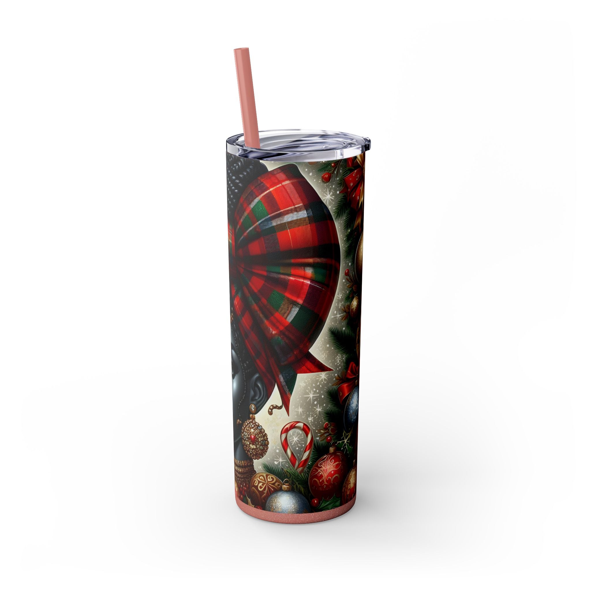 Festive Skinny Tumbler with Straw, 20oz - Perfect Holiday Gift, Christmas Water Bottle, Party Cup, Unique Drinkware, Santa Style