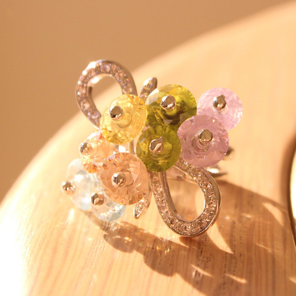 Alishba Cocktail Ring - Rhodium Brass, AAA CZ , Multi Color - 6X029