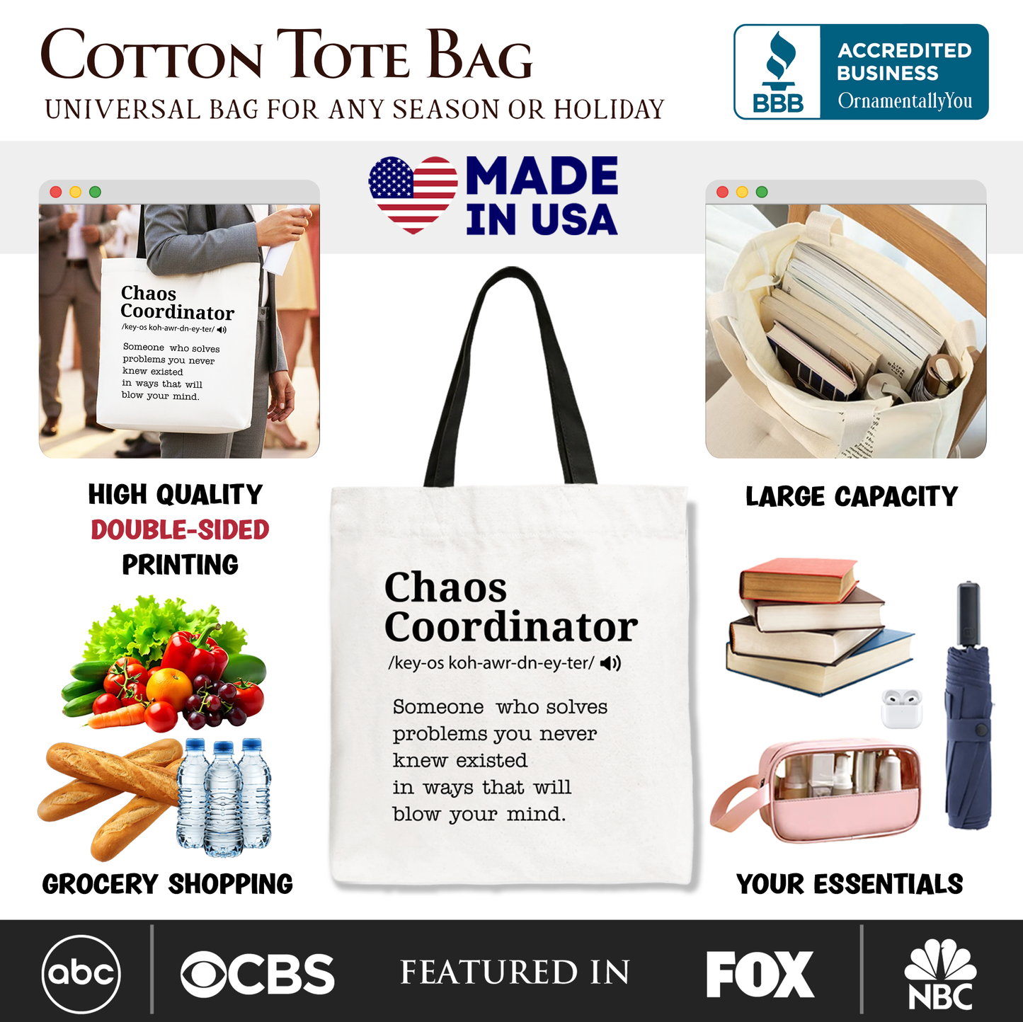 Chaos Coordinator Definition Personalized Canvas Tote Bag, Funny Gift Shopper for Busy Moms