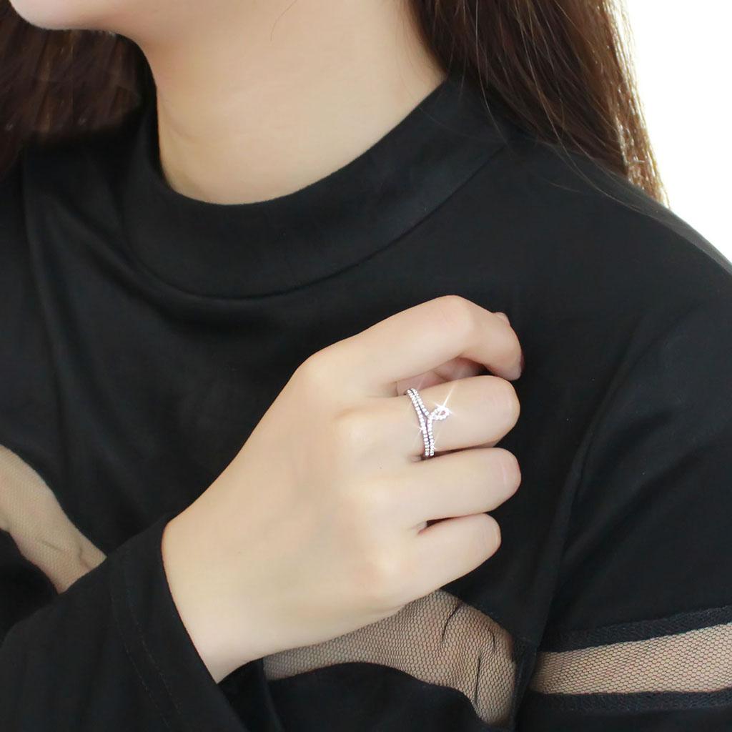 DA063 - High polished (no plating) Stainless Steel Ring with AAA Grade CZ  in Clear