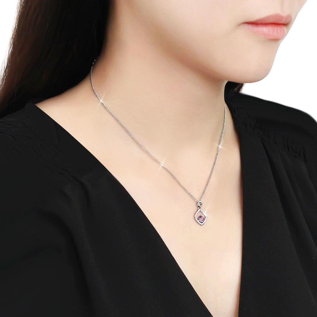 Amethyst CZ Pendant Necklace - 5mm Stainless Steel Chain