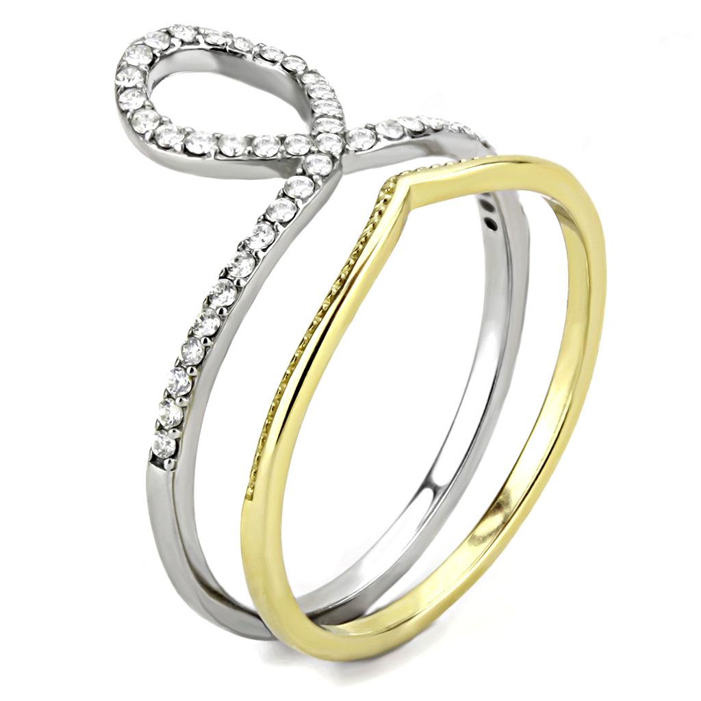 Two-Tone Gold Ion Plated Stainless Steel Ring with Clear CZ Stones