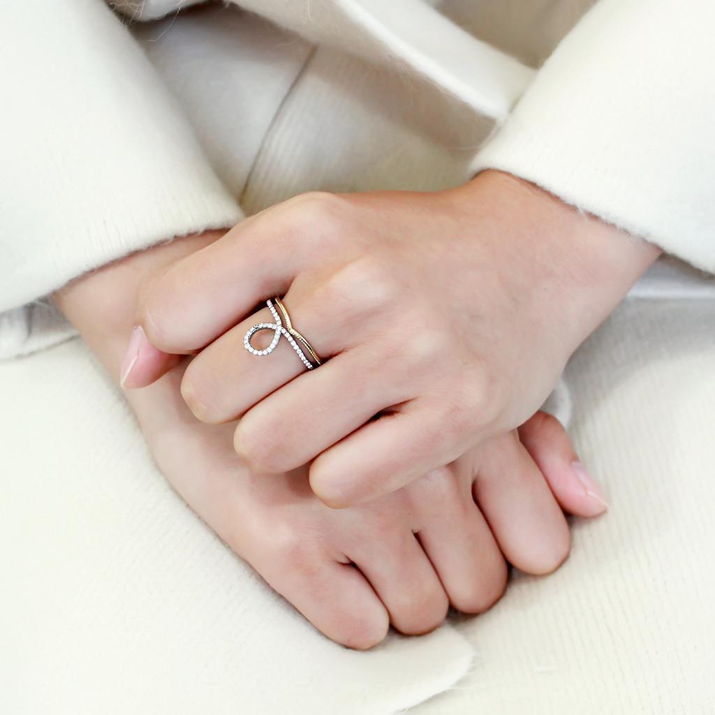 Two-Tone Gold Ion Plated Stainless Steel Ring with Clear CZ Stones