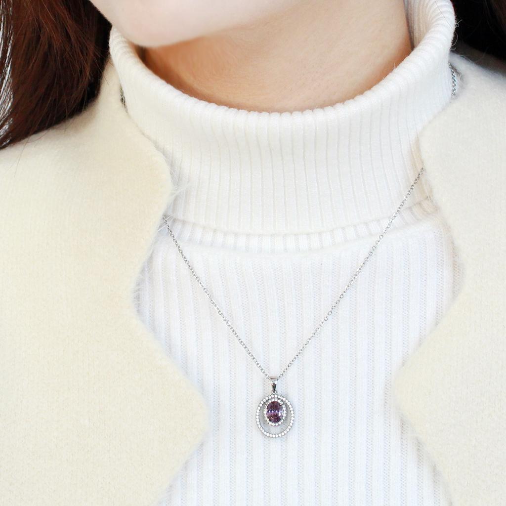 Amethyst CZ Stainless Steel Pendant Necklace