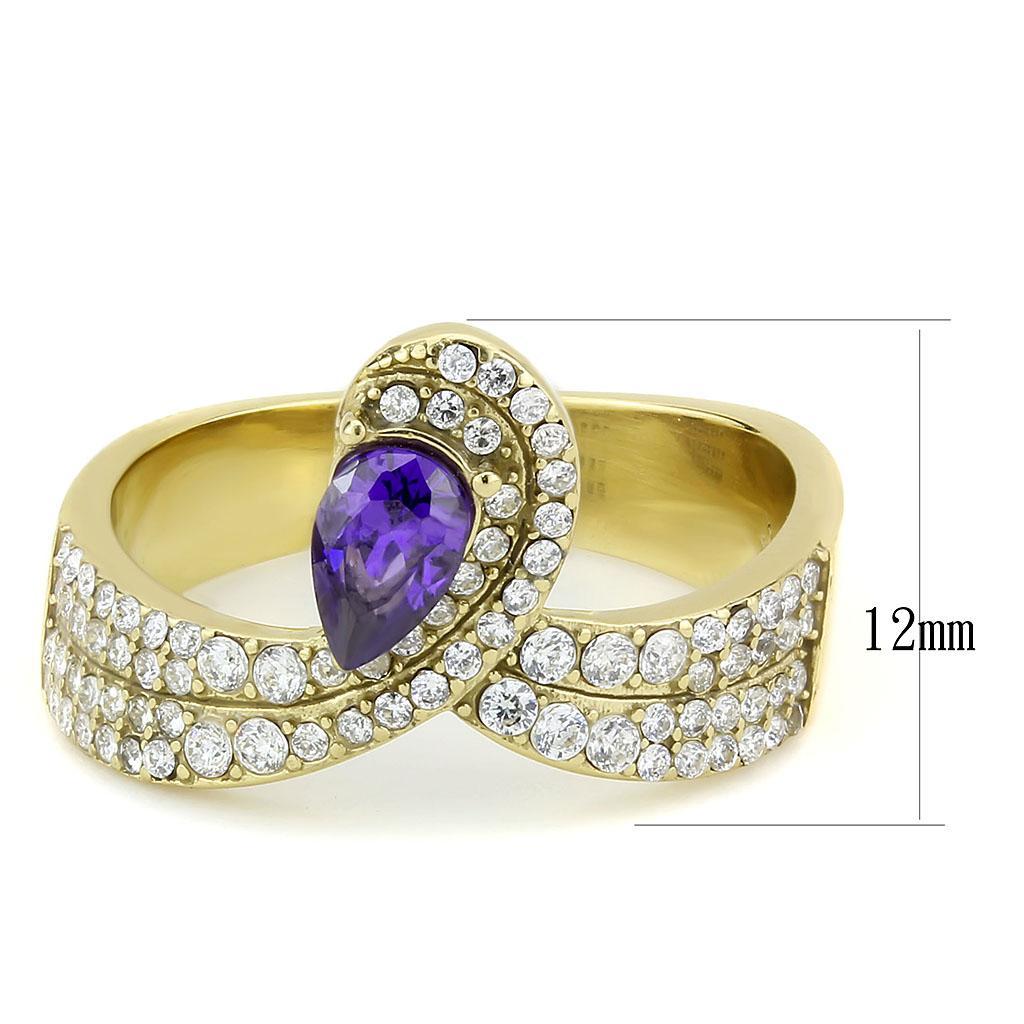 Gold Ion Plated Stainless Steel Ring with Tanzanite AAA Grade CZ Stones