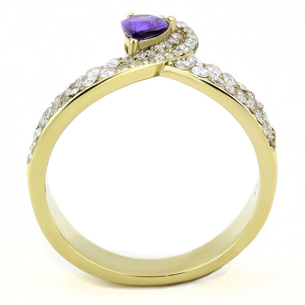 Gold Ion Plated Stainless Steel Ring with Tanzanite AAA Grade CZ Stones
