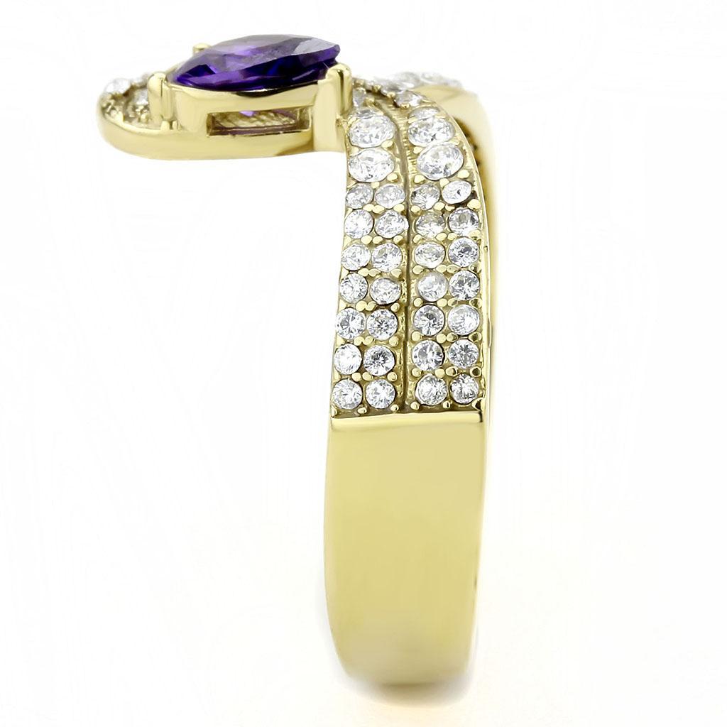 Gold Ion Plated Stainless Steel Ring with Tanzanite AAA Grade CZ Stones