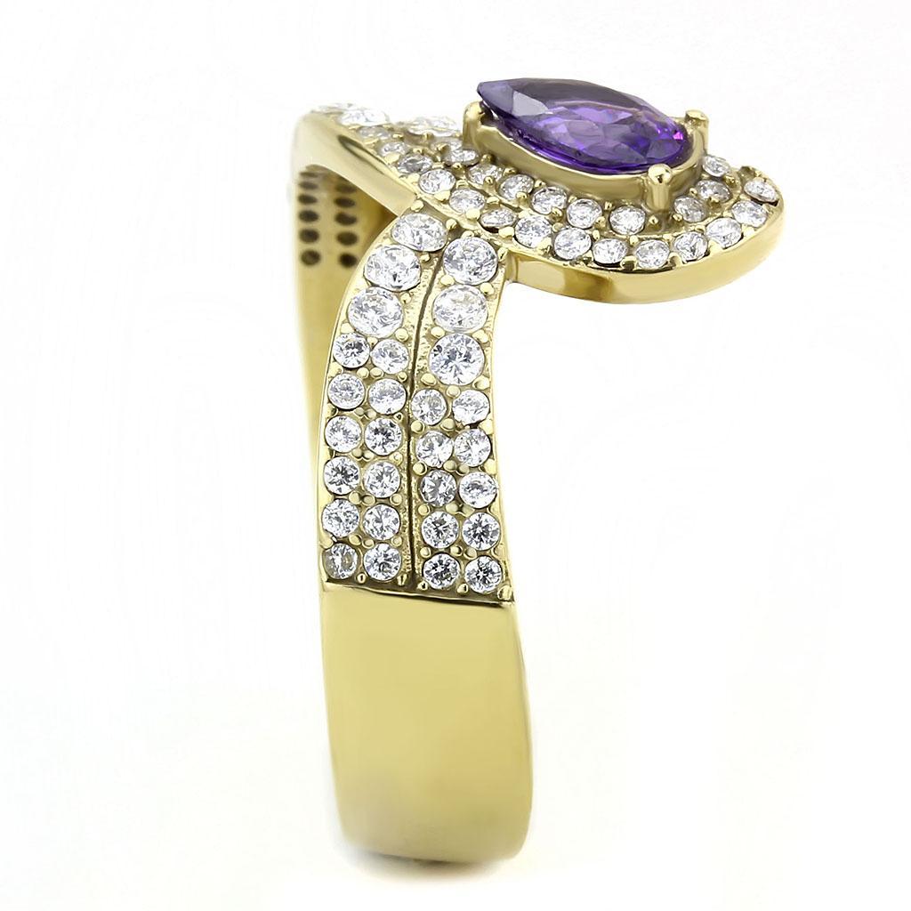 Gold Ion Plated Stainless Steel Ring with Tanzanite AAA Grade CZ Stones