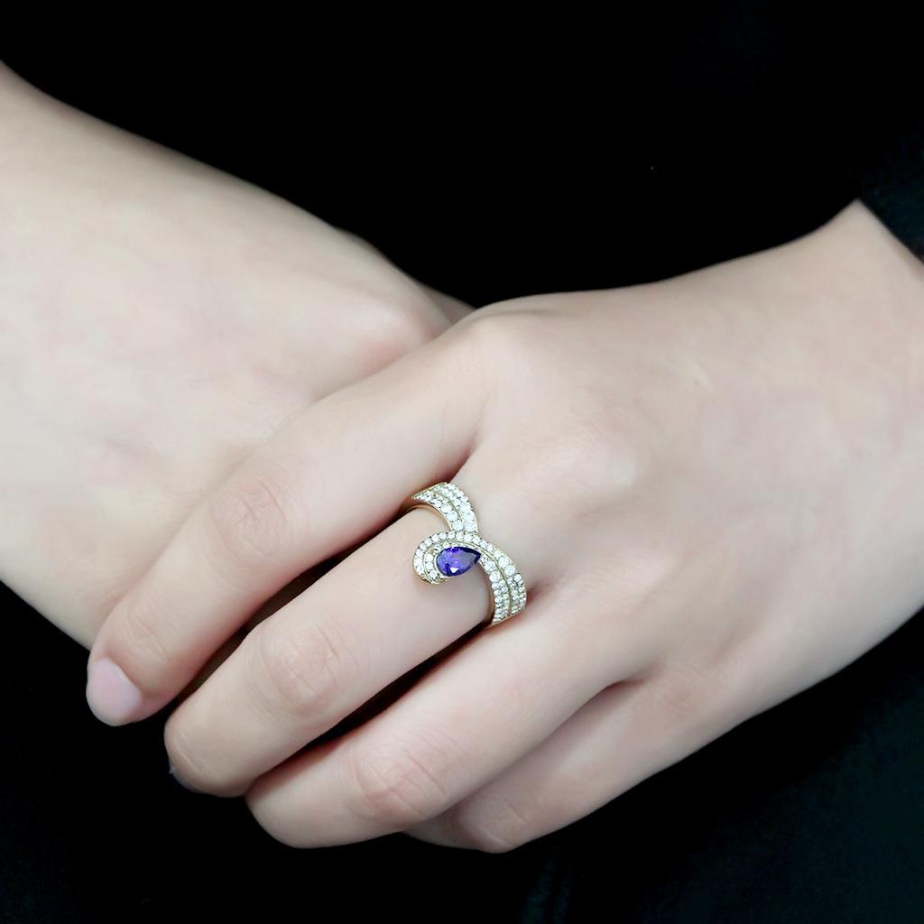 Gold Ion Plated Stainless Steel Ring with Tanzanite AAA Grade CZ Stones