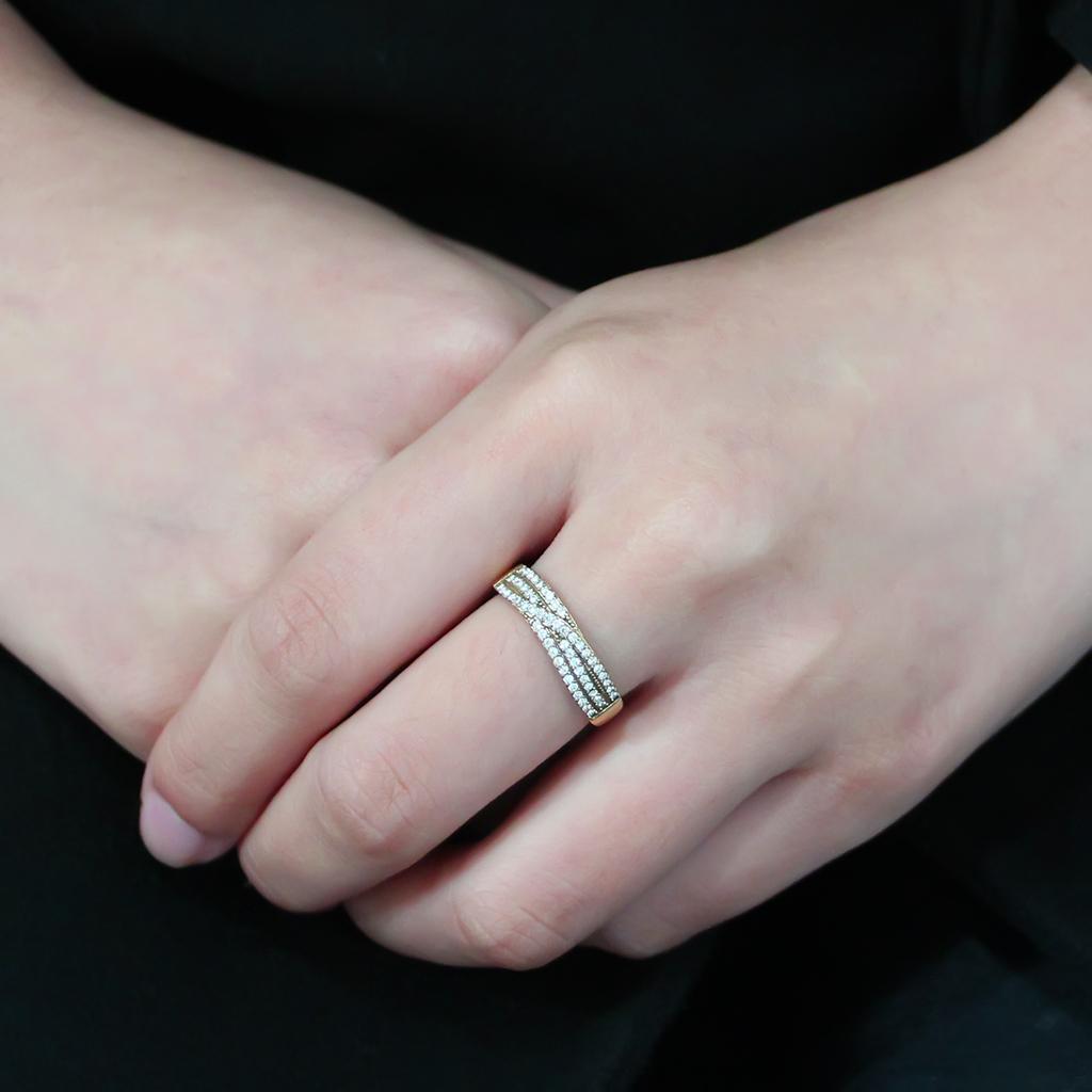 Gold Ion Plated Stainless Steel Ring with Clear AAA Grade CZ Stone