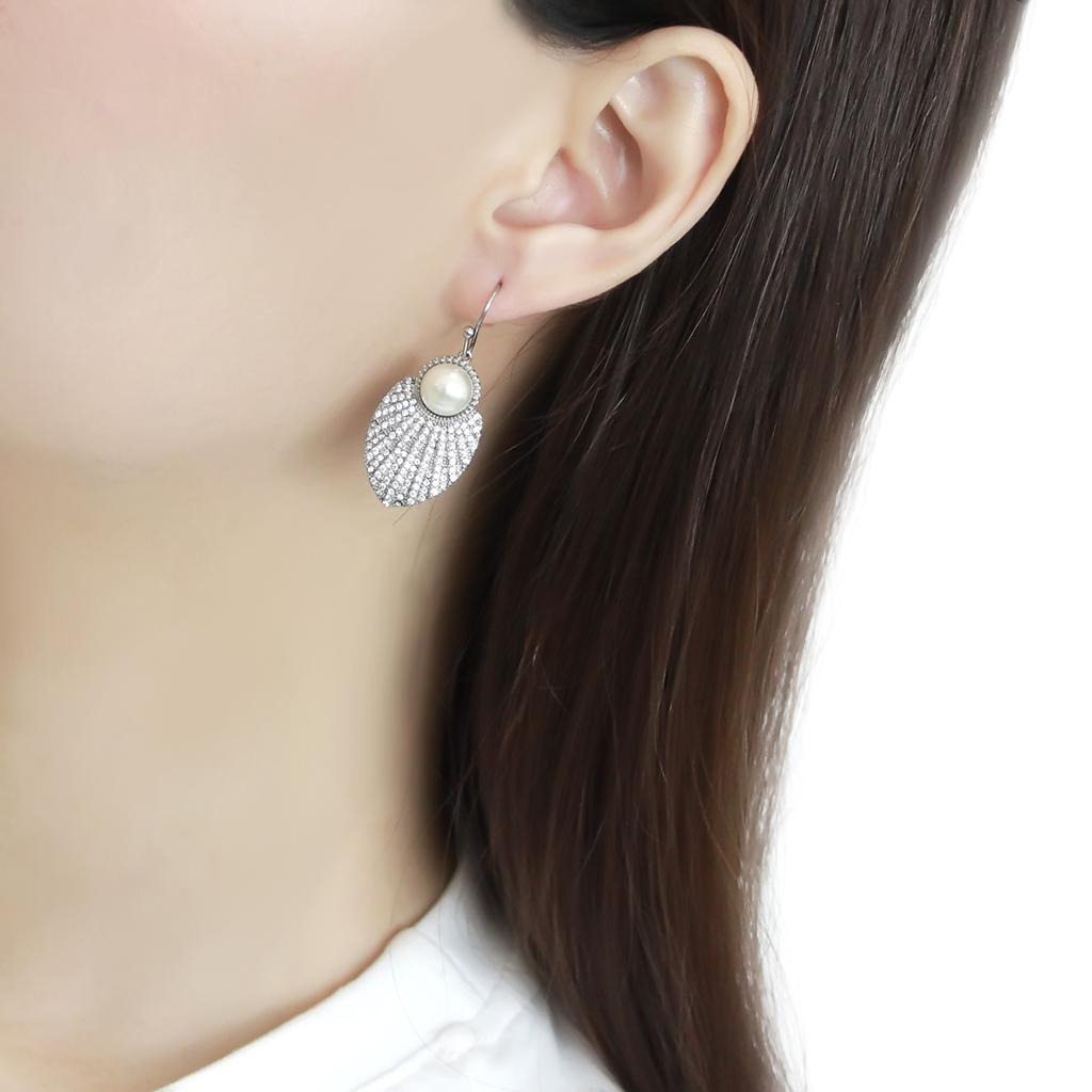 Stainless Steel Earrings with White Synthetic Pearl