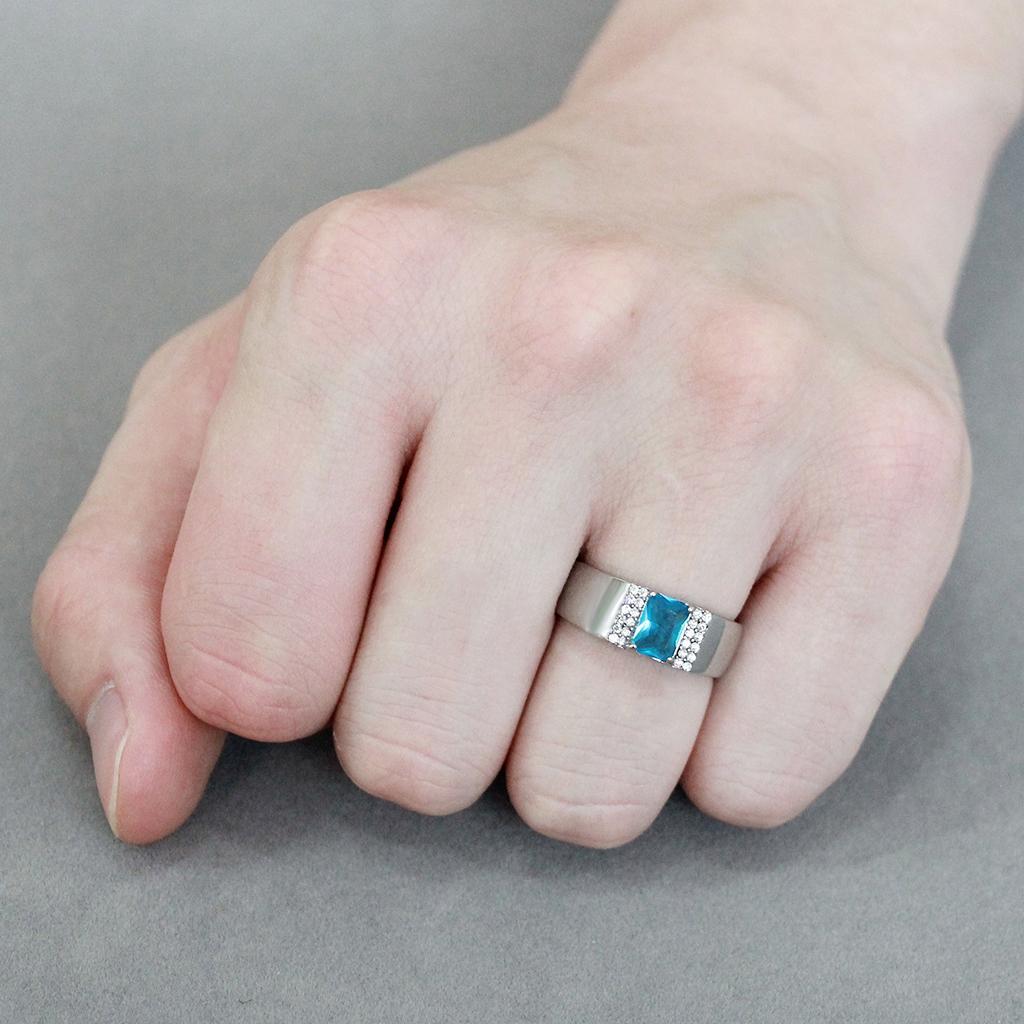 Sea Blue Stainless Steel Ring with Synthetic Glass Stone