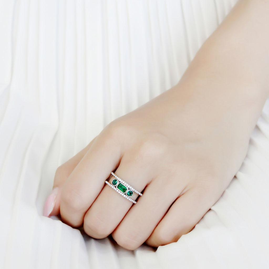 Emerald Green Stainless Steel Ring with Synthetic Glass Stone