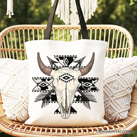 Aztec Tribal Bull Skull Canvas Tote Bag, Western Boho Gift Shopper