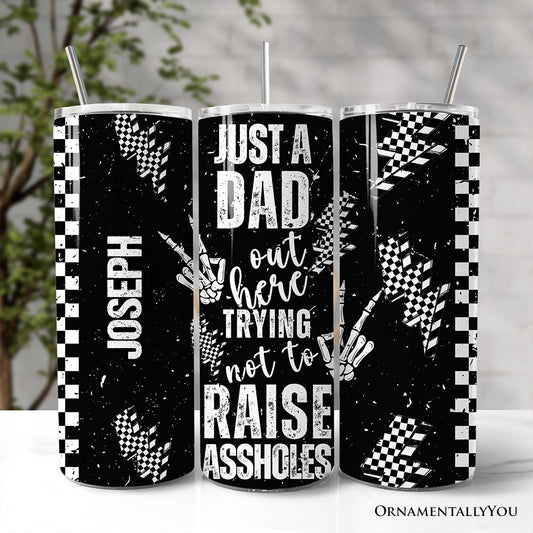 Just A Dad Checkered Lightning 20oz Personalized Tumbler With Lid and Stainless Steel Straw, Sarcastic Father's Day Humor Gift Cup
