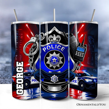 Police Badge and Patrol Car 20oz Personalized Tumbler With Lid and Stainless Steel Straw, Law Enforcement Appreciation Gift Cup