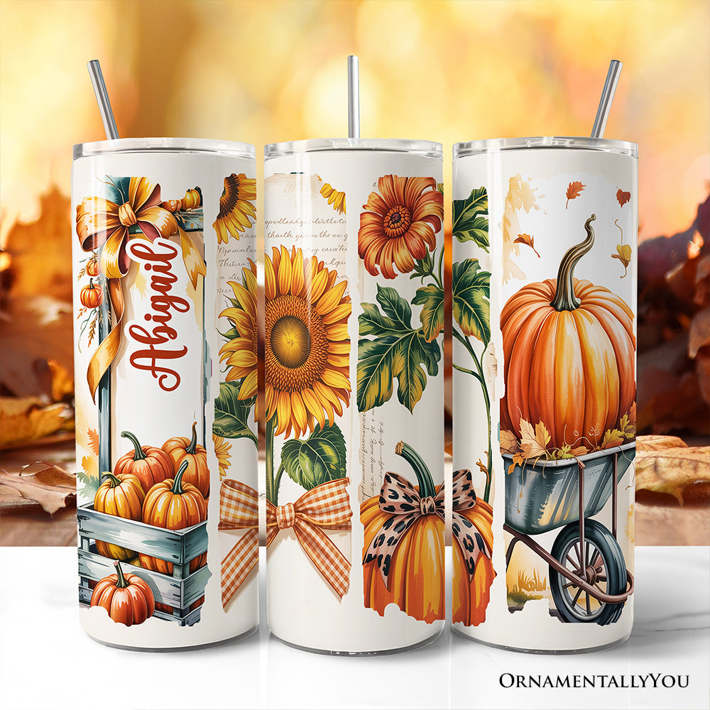 Pumpkin Season 20oz Personalized Tumbler With Lid and Stainless Steel Straw, Fall Sunflower Coquette Bow Autumn Gift Cup