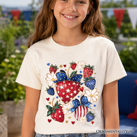 Kids Patriotic Boho Strawberries Bouquet T-Shirt, Youth 4th of July Festive Patch Tee
