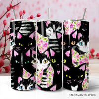 Black Cats Pink Rose Pattern 20oz Personalized Tumbler With Lid and Stainless Steel Straw, Cute Floral Kitty Gift Cup