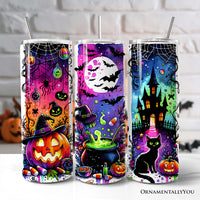 Neon Halloween Witch Scene 20oz Personalized Tumbler With Lid and Stainless Steel Straw, Colorful Spooky Gift Cup