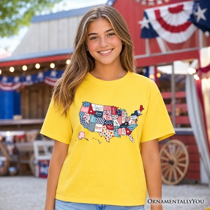 Kids Patriotic Patchwork USA T-Shirt, Quilted Map Youth Tee for American Fans