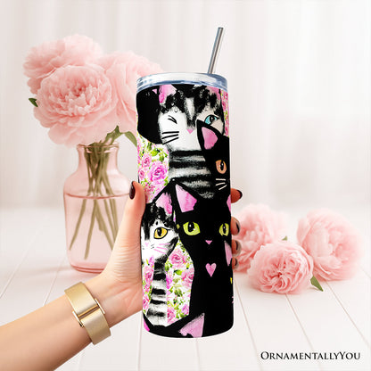 Black Cats Pink Rose Pattern 20oz Personalized Tumbler With Lid and Stainless Steel Straw, Cute Floral Kitty Gift Cup